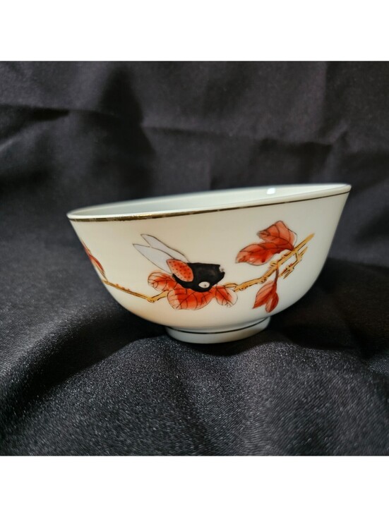 Other - Vintage Porcelain Rice Soup Bowl White With Gold Trim 2.5" China Leaves Nature